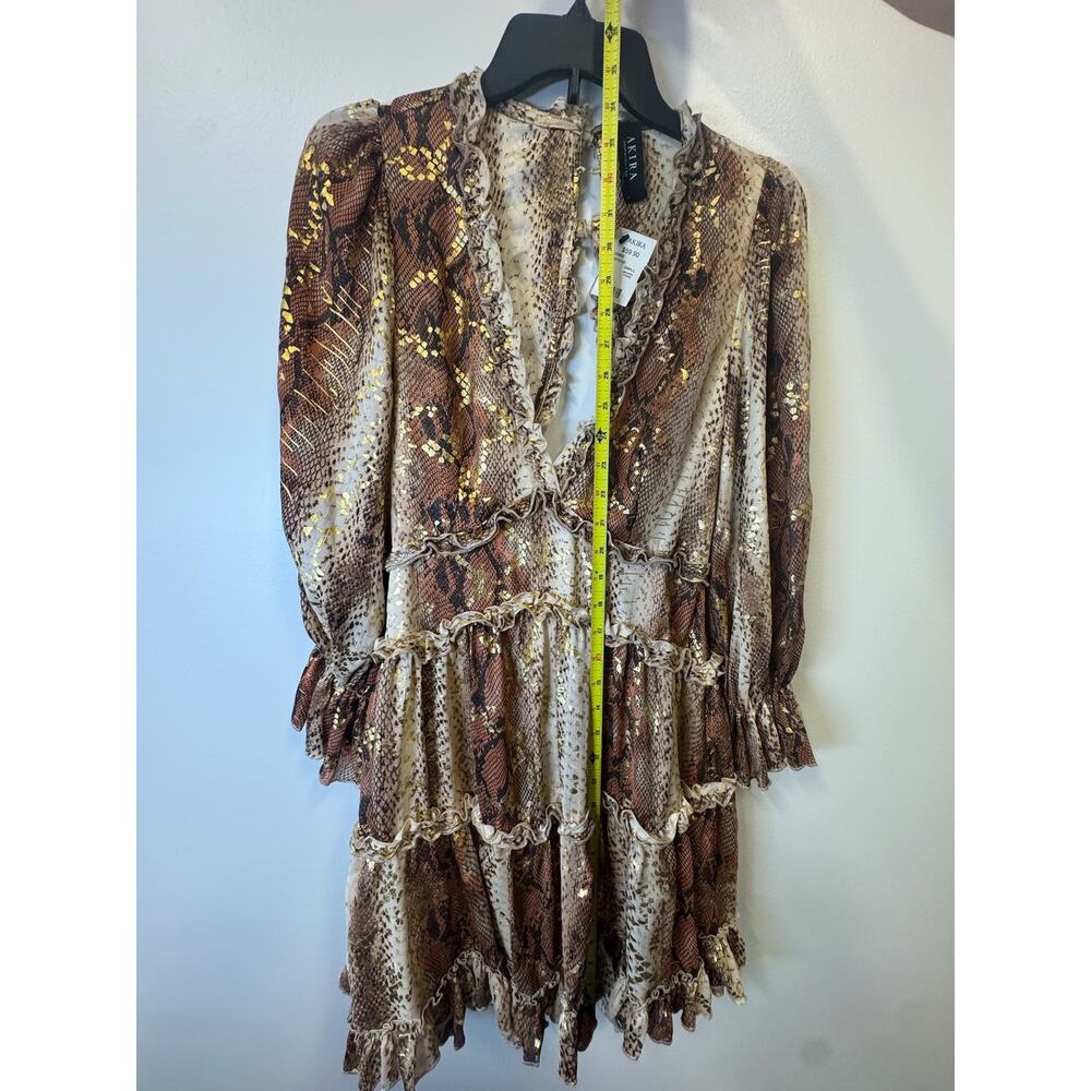 Akira Snake Print Tiered Ruffle Mini Dress Metallic Gold Shimmer Long Sleeve S - Picture 6 of 8